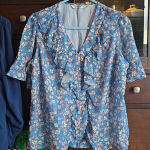 Indua Authentic Lined Blue Chiffon Floral V Blouse From Delhi